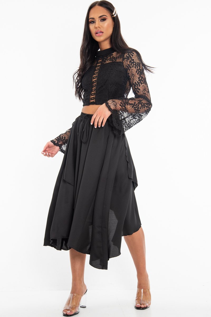 Black Satin Wrap Drawstring Waist Midi Skirt - Scarlett-Skirts