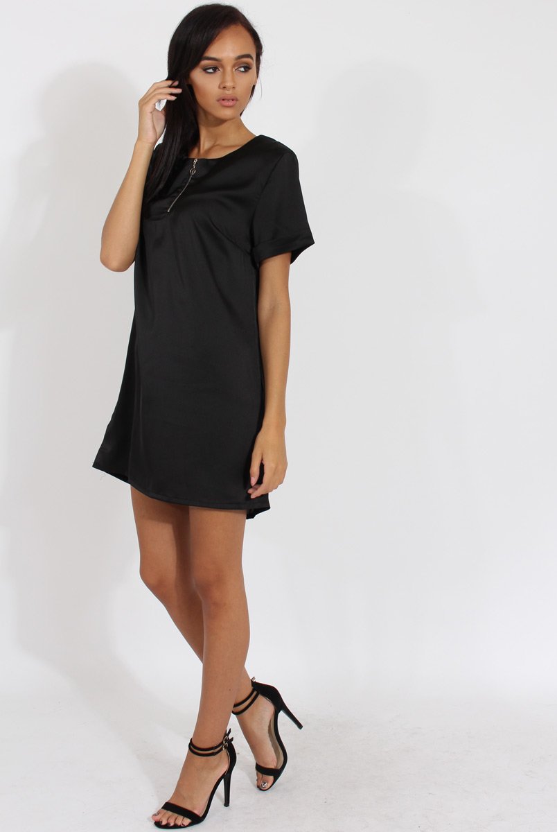 Black Satin Zip Tee Dress - Valeria-Dresses