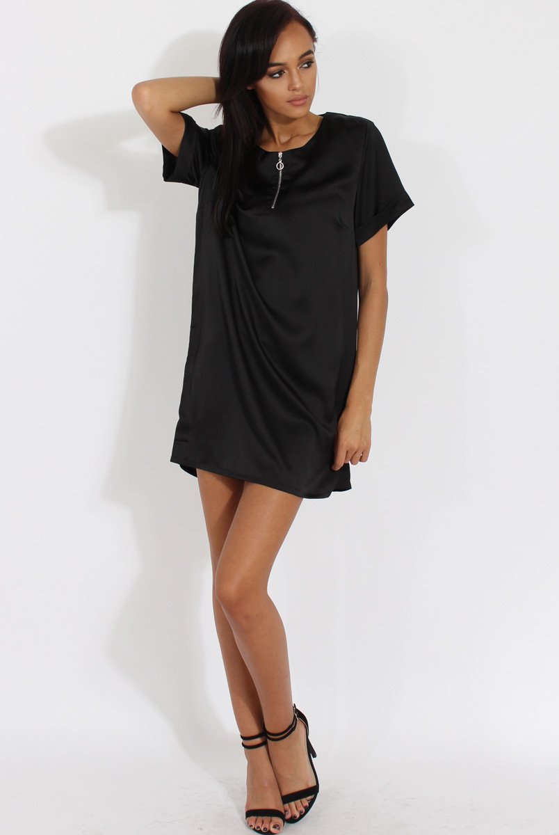 Black Satin Zip Tee Dress - Valeria-Dresses
