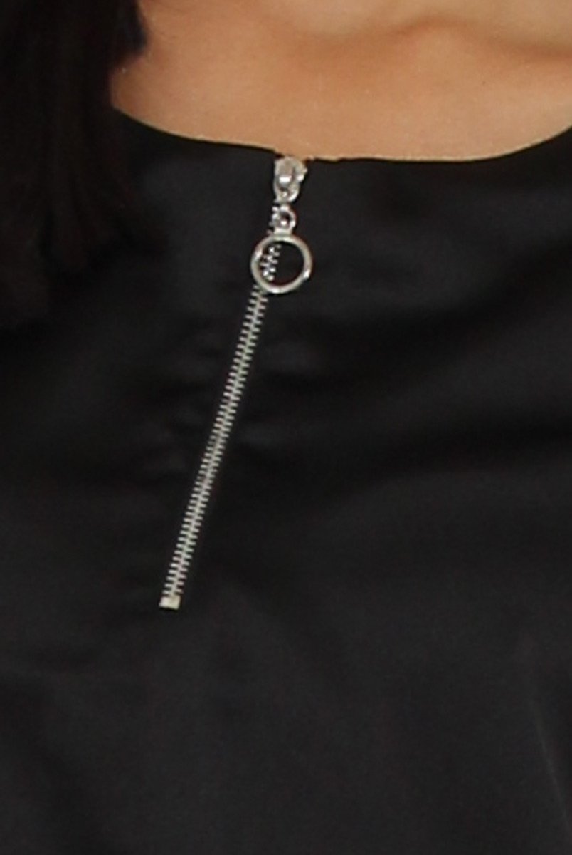 Black Satin Zip Tee Dress - Valeria-Dresses