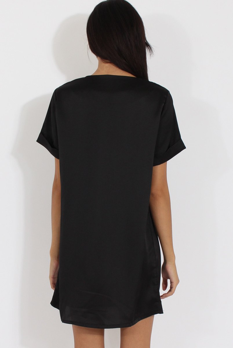 Black Satin Zip Tee Dress - Valeria-Dresses