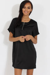 Black Satin Zip Tee Dress - Valeria-Dresses