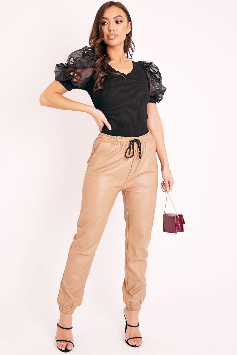 Black Scallop Neckline Crochet Mesh Sleeve Top - Kaisley-Tops