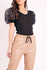 Black Scallop Neckline Crochet Mesh Sleeve Top - Kaisley-Tops