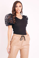 Black Scallop Neckline Crochet Mesh Sleeve Top - Kaisley-Tops