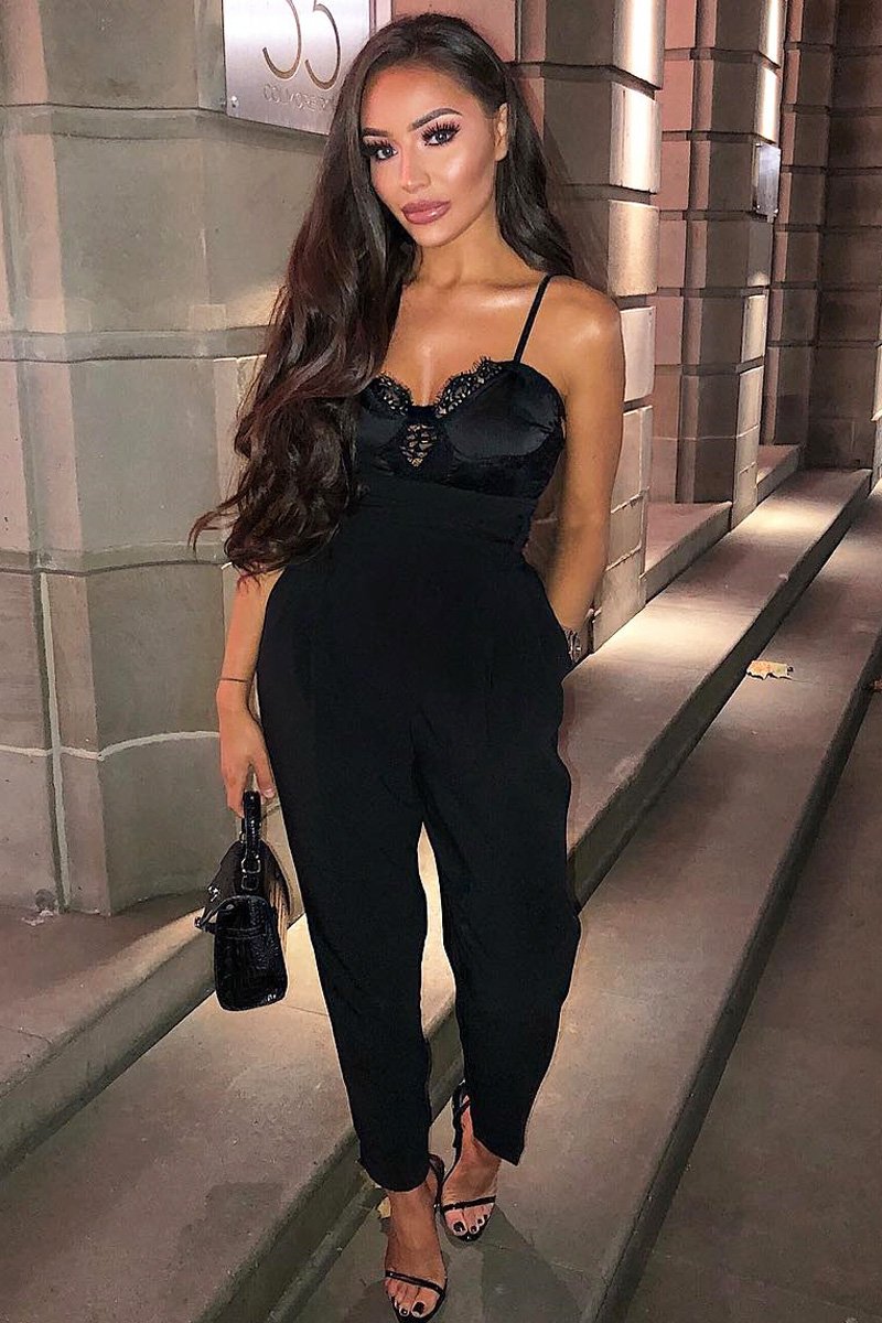 Black Scalloped Lace Satin Bodysuit - Jeriah-Bodysuits