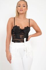Black Scalloped Lace Satin Bodysuit - Jeriah-Bodysuits