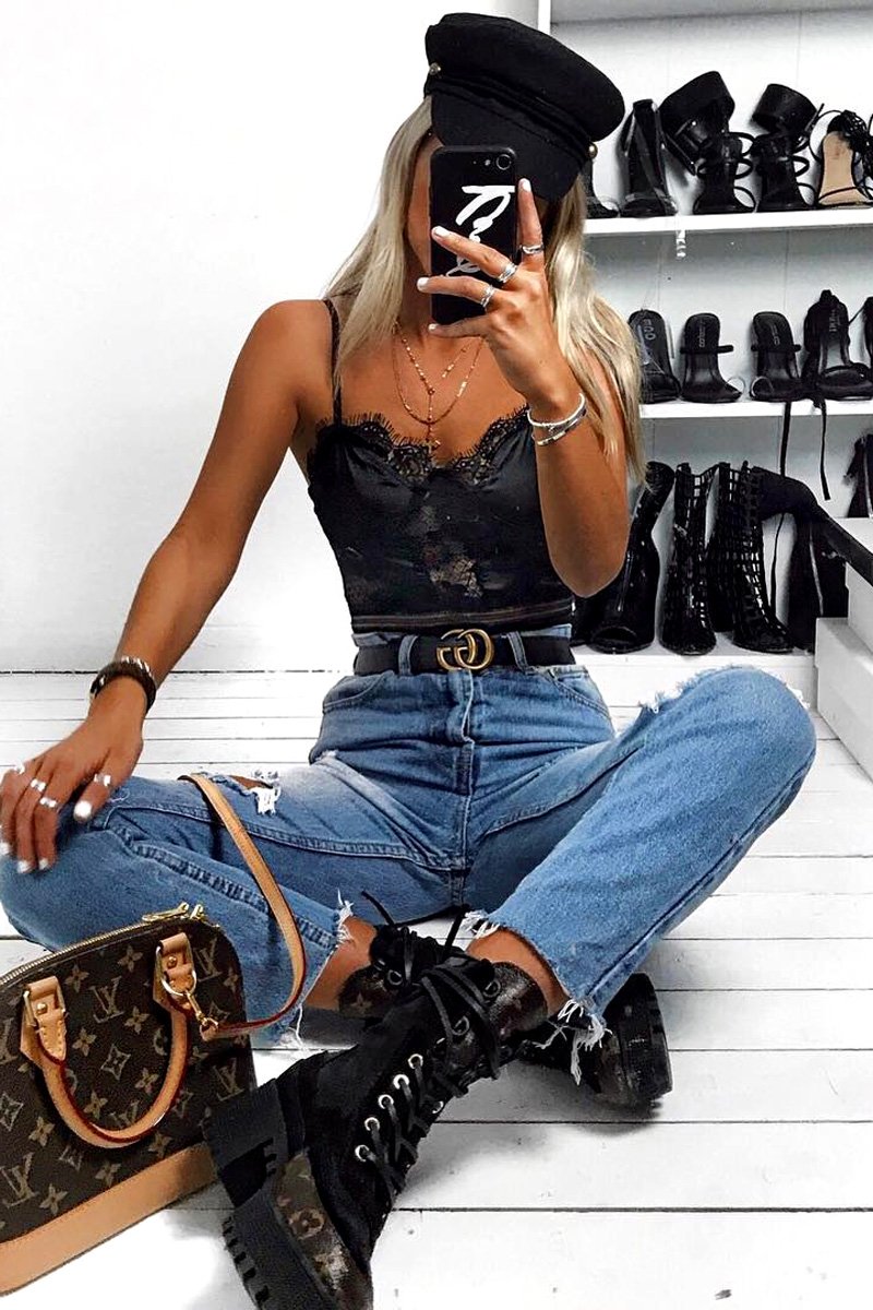 Black Scalloped Lace Satin Bodysuit - Jeriah-Bodysuits