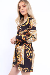 Black Scarf Print Button Detail Blazer Dress - Hannah-Dresses