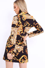 Black Scarf Print Button Detail Blazer Dress - Hannah-Dresses