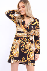 Black Scarf Print Button Detail Blazer Dress - Hannah-Dresses