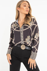 Black Scarf Print Button Up Shirt - Kasen-Shirts