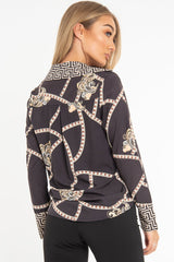 Black Scarf Print Button Up Shirt - Kasen-Shirts