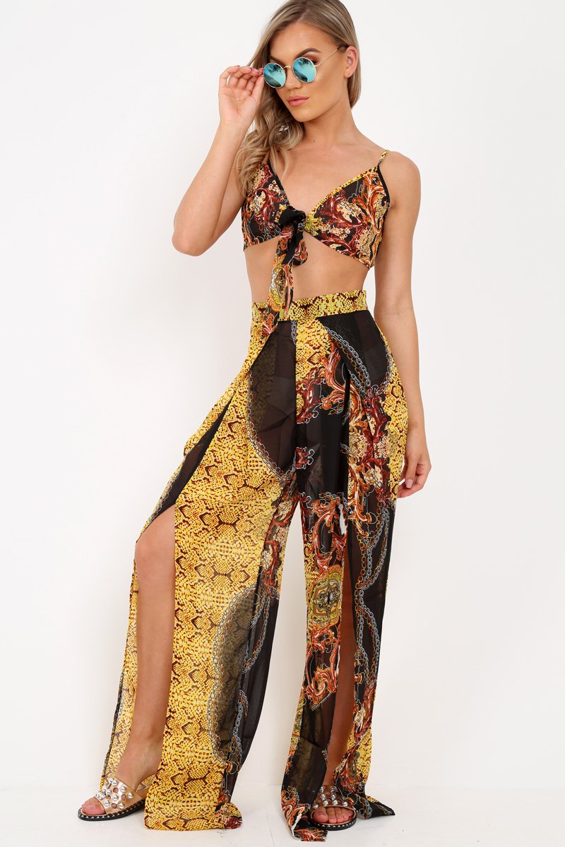 Black Scarf Print Crop Top And Split Front Trousers Co-Ord - Aavah-Co-ords