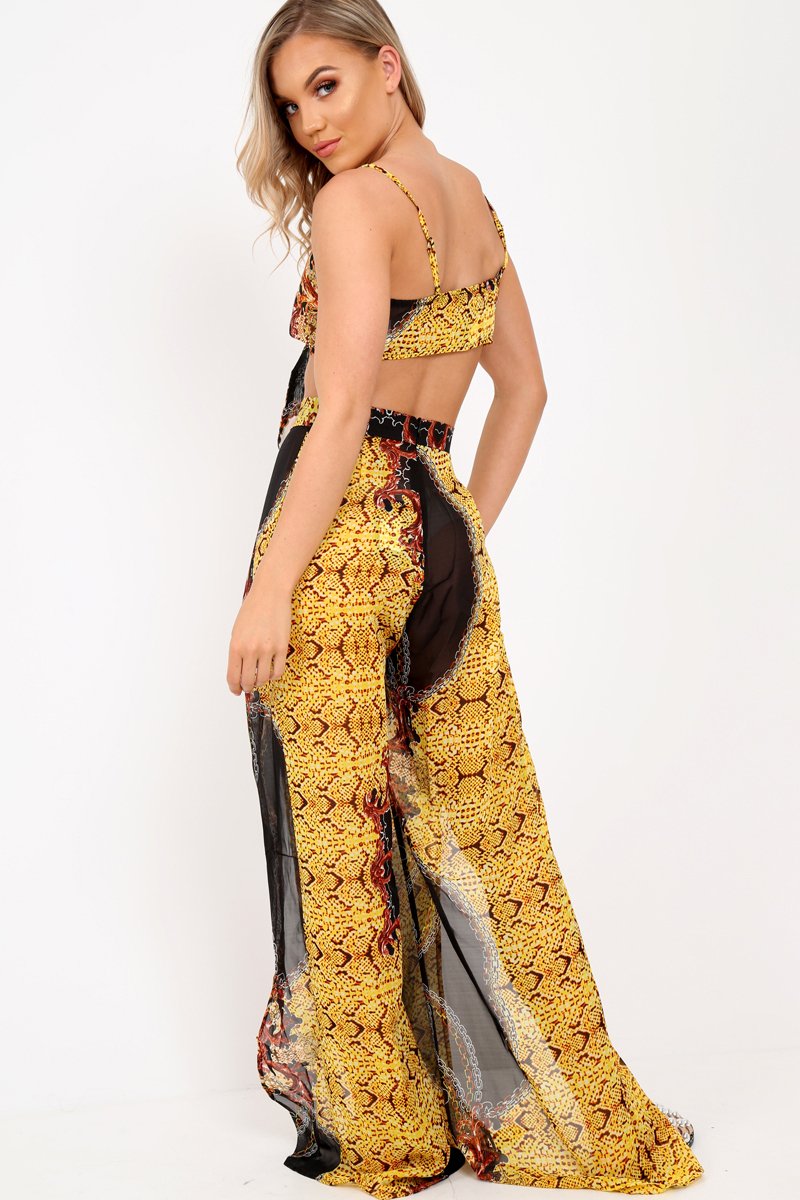 Black Scarf Print Crop Top And Split Front Trousers Co-Ord - Aavah-Co-ords