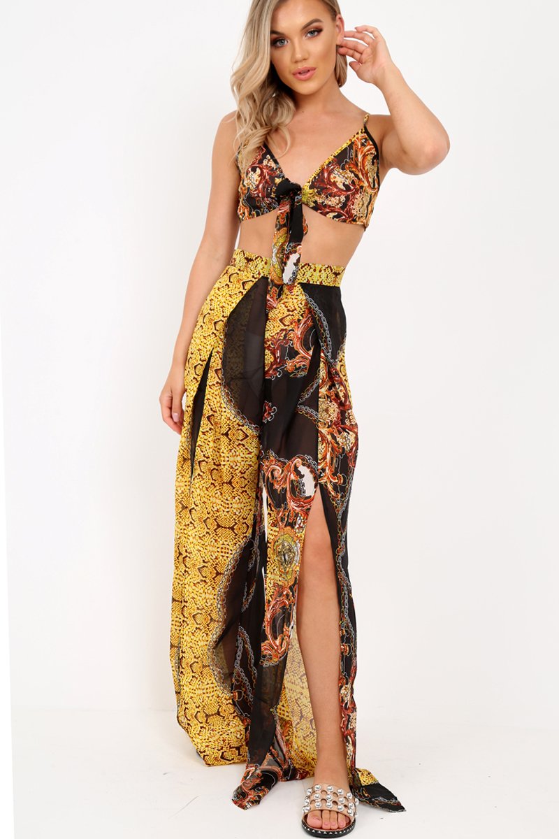 Black Scarf Print Crop Top And Split Front Trousers Co-Ord - Aavah-Co-ords