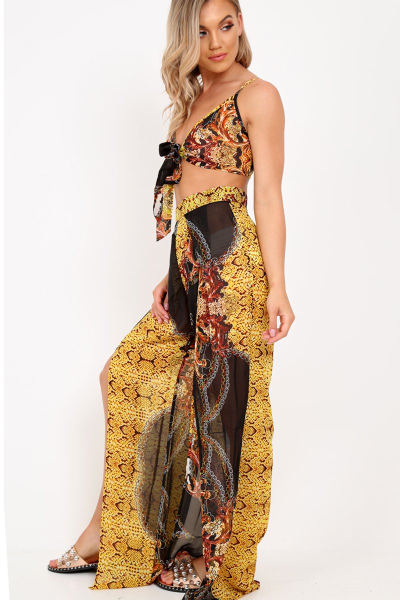 Black Scarf Print Crop Top And Split Front Trousers Co-Ord - Aavah-Co-ords