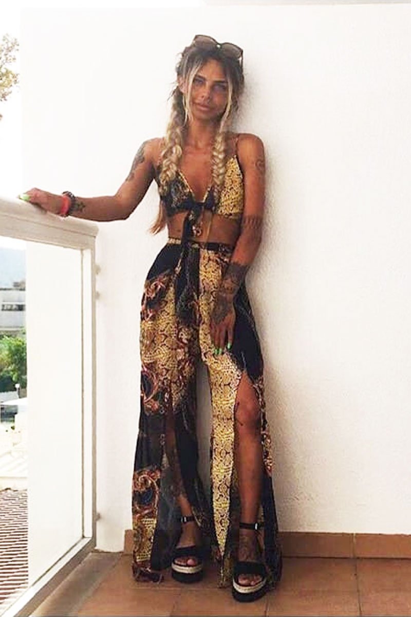 Black Scarf Print Crop Top And Split Front Trousers Co-Ord - Aavah-Co-ords