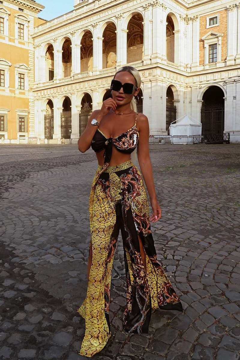 Black Scarf Print Crop Top And Split Front Trousers Co-Ord - Aavah-Co-ords