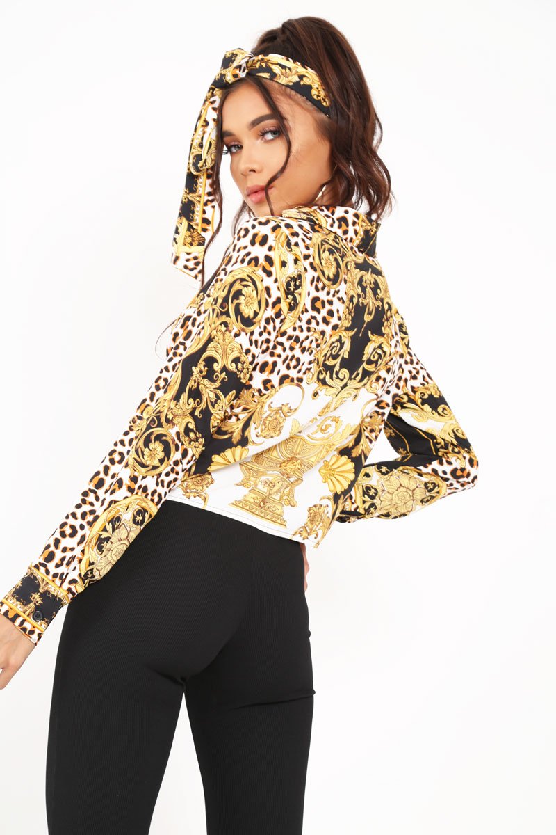 Black Scarf Print Cropped Tie Front Shirt - Kaly-Crop Tops