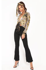 Black Scarf Print Cropped Tie Front Shirt - Kaly-Crop Tops