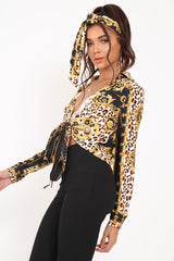 Black Scarf Print Cropped Tie Front Shirt - Kaly-Crop Tops