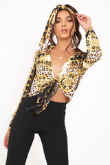 Black Scarf Print Cropped Tie Front Shirt - Kaly-Crop Tops