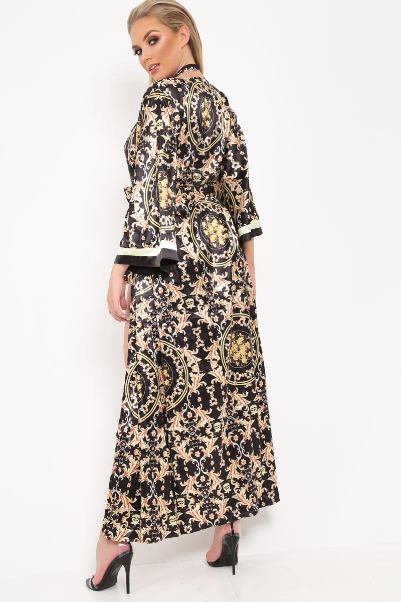 Black Scarf Print Kimono And Bodysuit Co-Ord -Heavenlee-Co-ords
