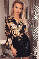 Black Scarf Print Plunge Bodysuit - Cindy-Lou-Bodysuits