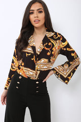 Black Scarf Print Plunge Bodysuit - Cindy-Lou-Bodysuits