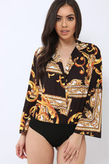 Black Scarf Print Plunge Bodysuit - Cindy-Lou-Bodysuits