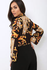 Black Scarf Print Plunge Bodysuit - Cindy-Lou-Bodysuits