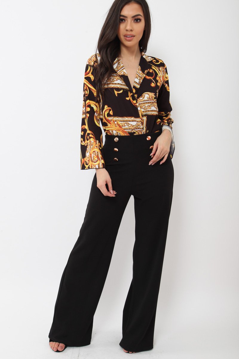Black Scarf Print Plunge Bodysuit - Cindy-Lou-Bodysuits
