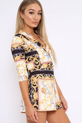 Black Scarf Print Plunge Playsuit - Maretta-Playsuits