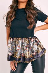 Black Scarf Print Satin Ruffle Hem T-Shirt - Mailyn-Tops
