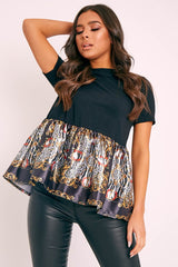 Black Scarf Print Satin Ruffle Hem T-Shirt - Mailyn-Tops