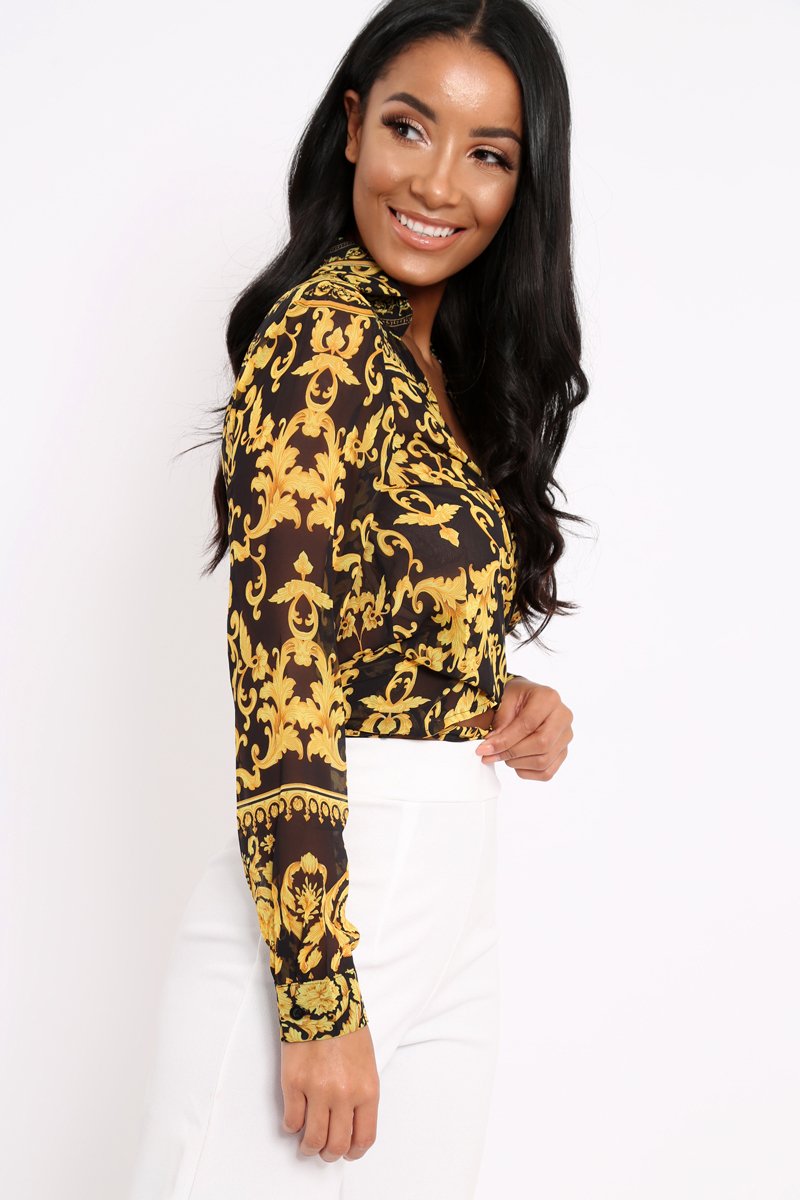 Black Scarf Print Tie Blouse - Hermione-Tops