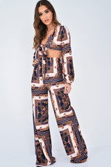 Black Scarf Print Wide Leg Crop Blouse Co-Ord - Freyah-Co-ords