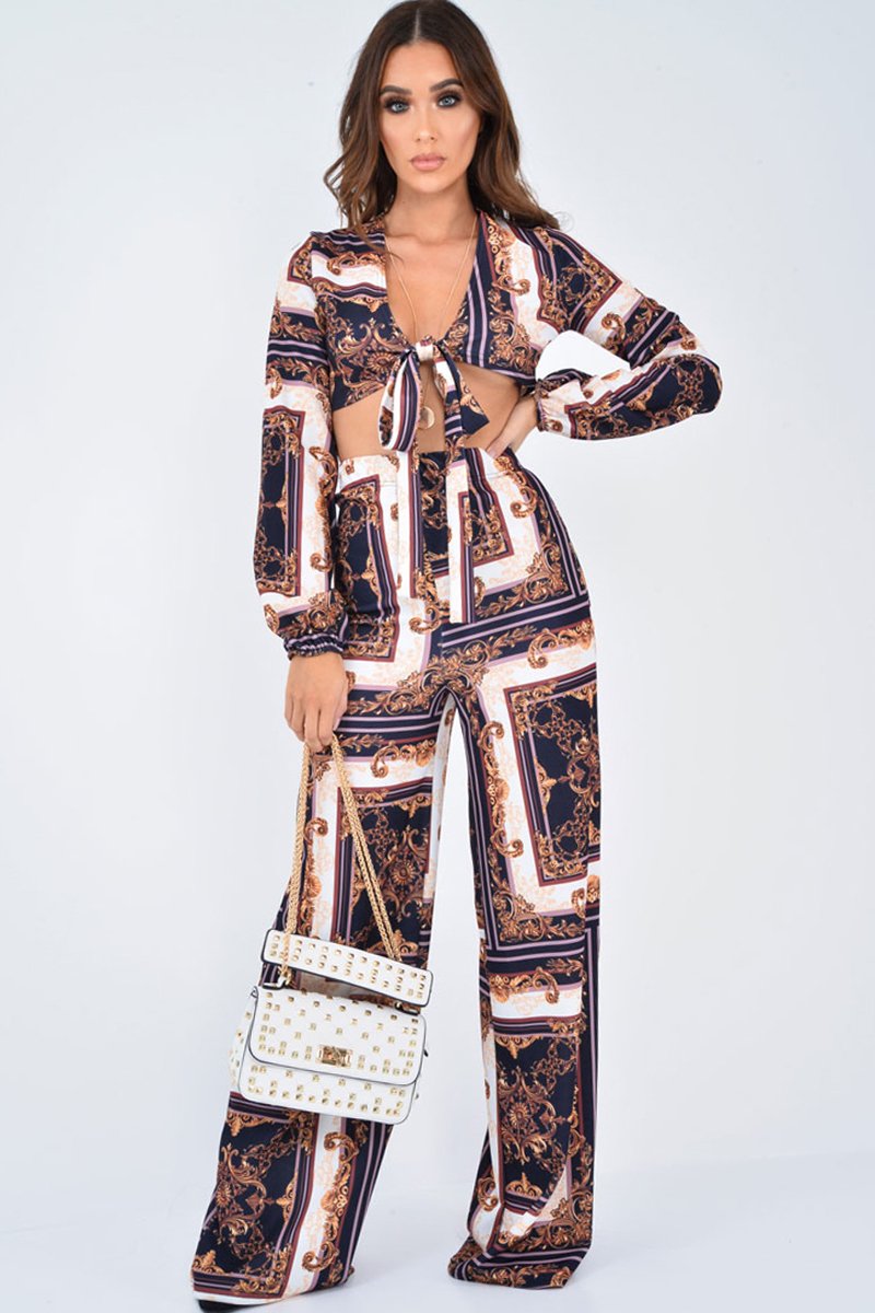 Black Scarf Print Wide Leg Crop Blouse Co-Ord - Freyah-Co-ords
