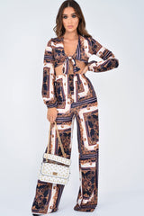 Black Scarf Print Wide Leg Crop Blouse Co-Ord - Freyah-Co-ords