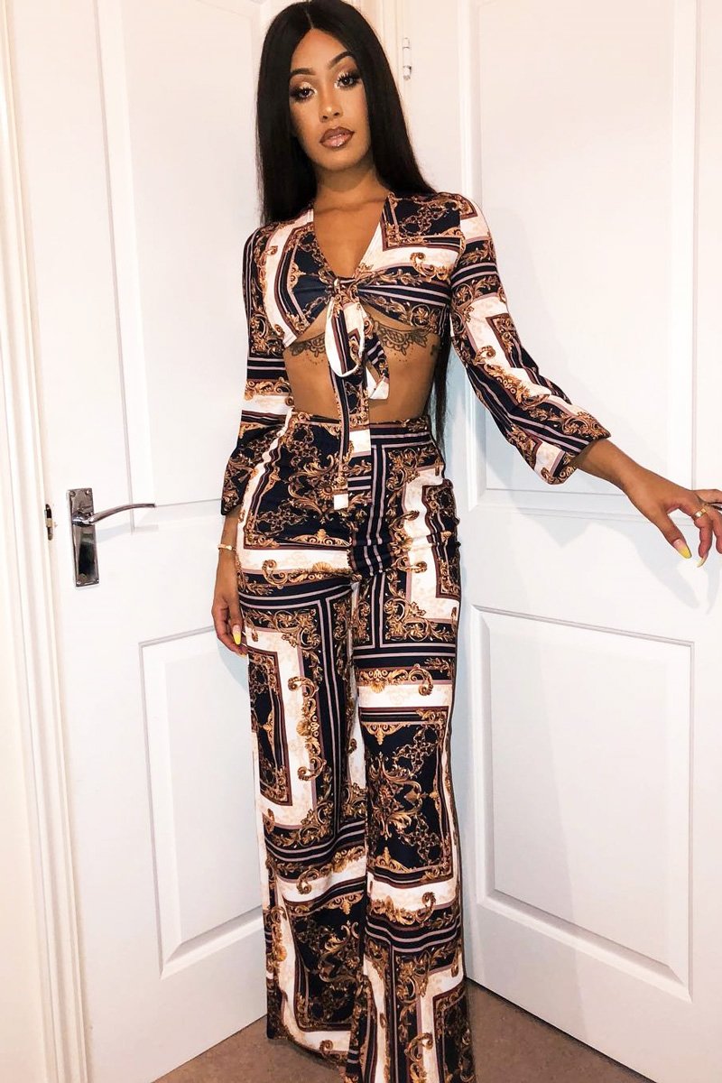 Black Scarf Print Wide Leg Crop Blouse Co-Ord - Freyah-Co-ords