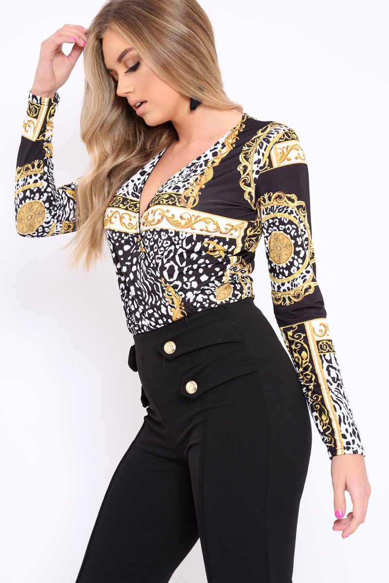 Black Scarf Print Wrap Bodysuit - Yazmin-Bodysuits