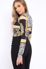 Black Scarf Print Wrap Bodysuit - Yazmin-Bodysuits