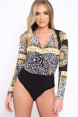 Black Scarf Print Wrap Bodysuit - Yazmin-Bodysuits
