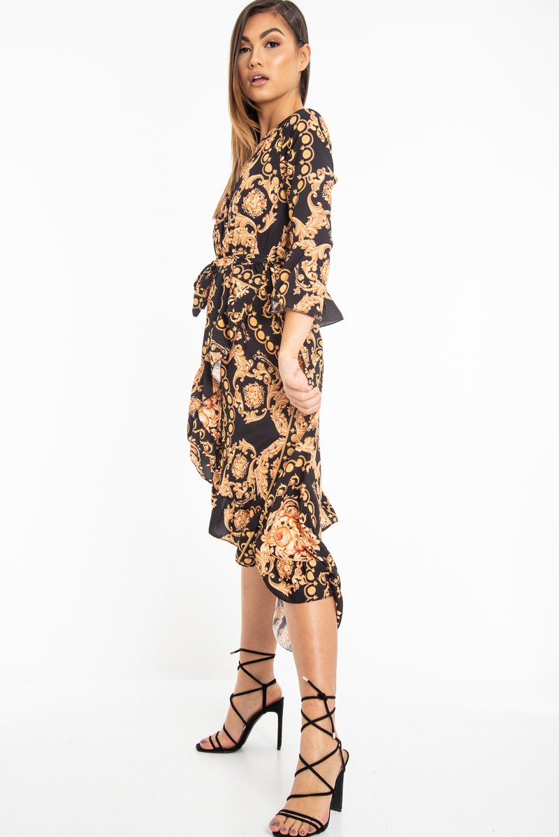 Black Scarf Print Wrap Jersey Dress - Mysha-Dresses