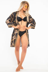 Black Scarf Print Wrap Tie Front Kimono - Aubrey-Kimono