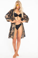 Black Scarf Print Wrap Tie Front Kimono - Aubrey-Kimono