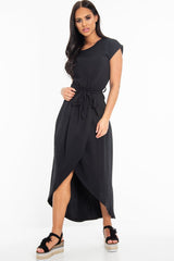 Black Scoop Neck Belted Wrap Maxi Dress - Allie-Dresses