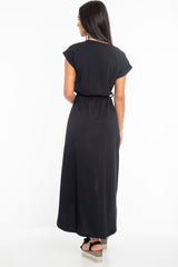 Black Scoop Neck Belted Wrap Maxi Dress - Allie-Dresses