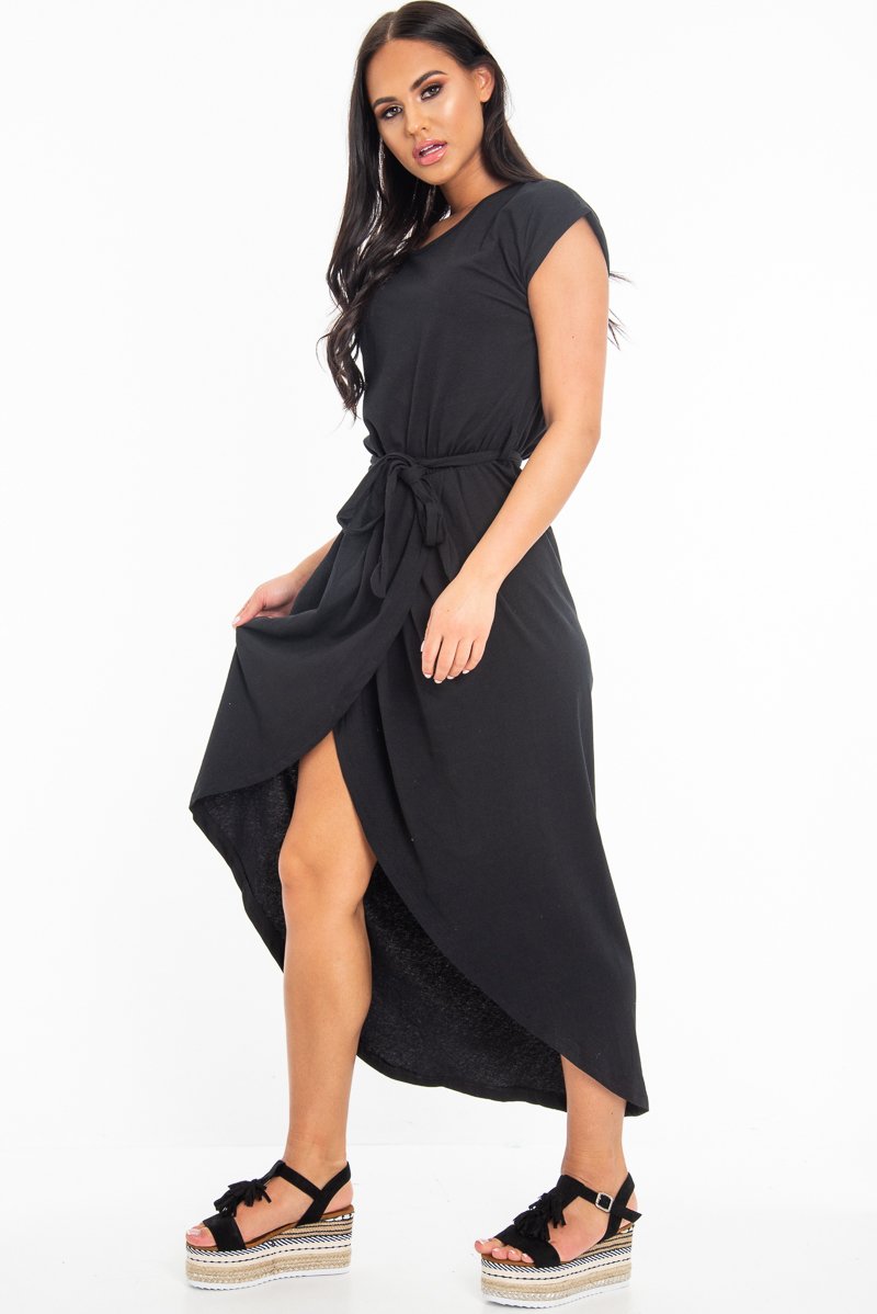 Black Scoop Neck Belted Wrap Maxi Dress - Allie-Dresses